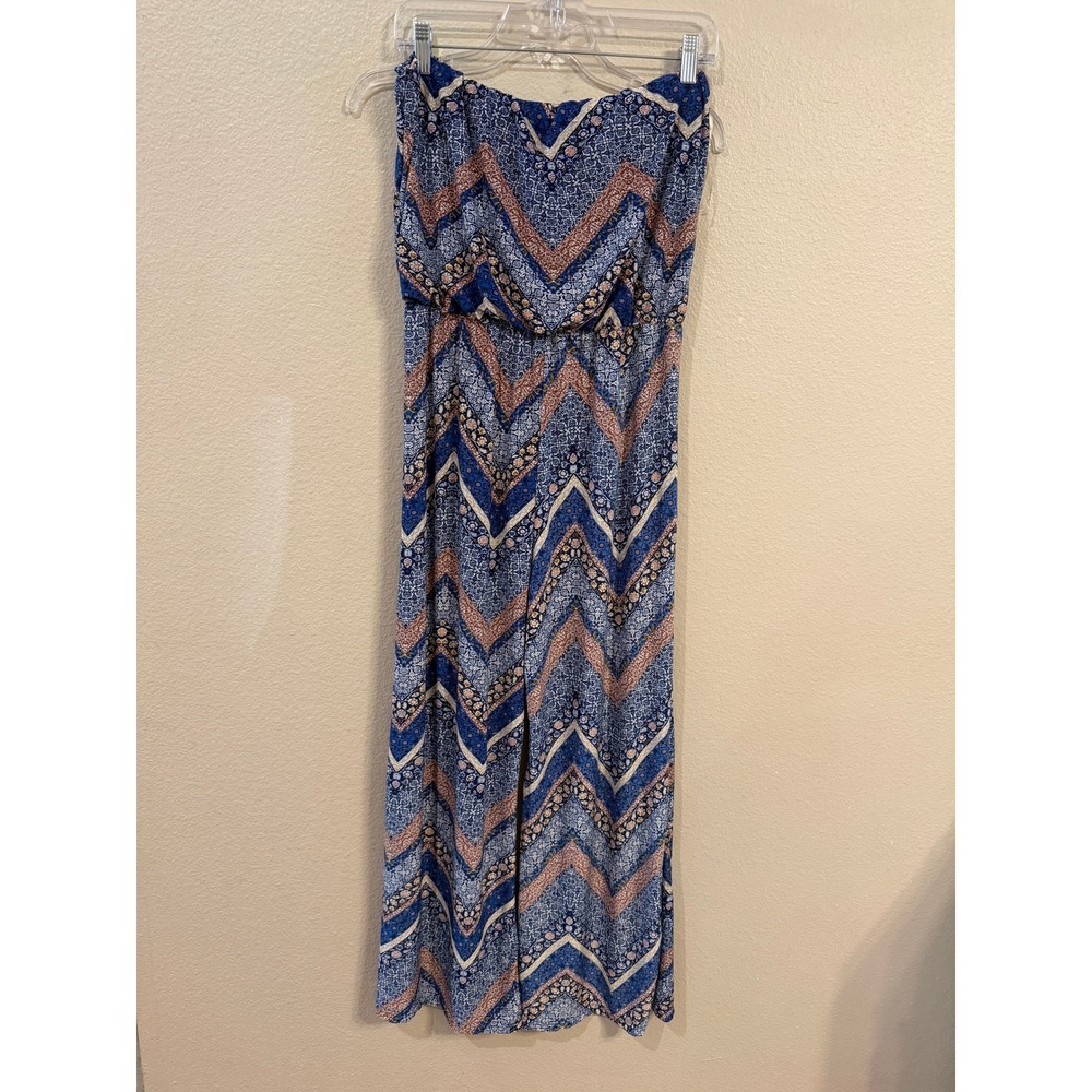 Just Love Women XL Blue Chevron Floral Strapless Wide Leg Jumpsuit Boho Summer